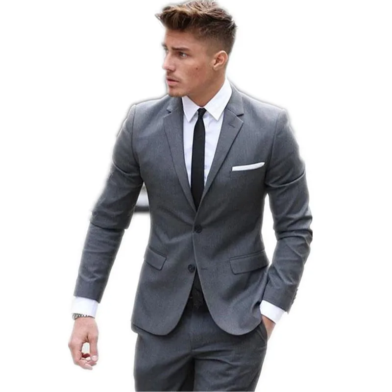 

Custom Made 2021 Two Buttom Mens Suits Classic Gray Cotton Blended Formal Business Men's Wedding Suits Slim Fit Groomsmen Tuxedo