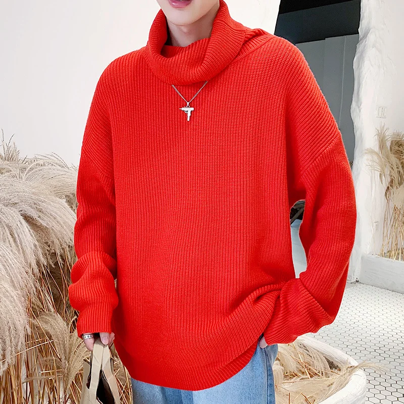 Осень и зима порт Ins чистая красный принт сплошной цвет Повседневная пара Высокий воротник теплый толстый пуловер свитер - Цвет: red