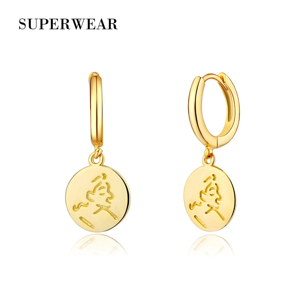 

SUPERWEAR 925 Sterling Silver Hoop Earrings with Charm Yellow Gold Color Women Men Round Coin Pendant Earring Vintage Jewelry