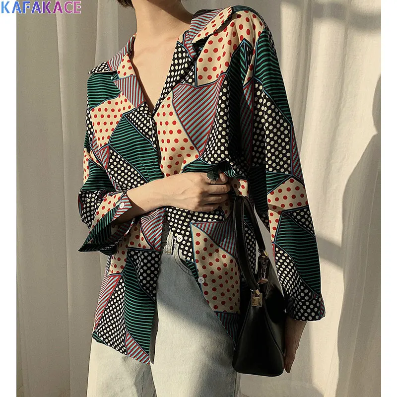

KAFAKACE 2020 Blouses Shirts Women Striped Print Tops Patchwork Loose Autumn Lady Office Vintage Blouse Fashion New Clothing
