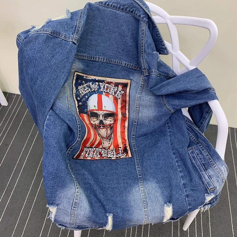 Navy blue Осенняя Harajuku бриллиантами длинные Для женщин джинсовая куртка отверстие пэчворк, кэжуал, свободный покрой Джинсовые куртки и выступами женский пальто Chaqueta Mujer - Цвет: Navy blue