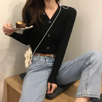 

2020 New Fashion Women Knit Cardigans Girls Long Sleeve Ribbed Cardigan