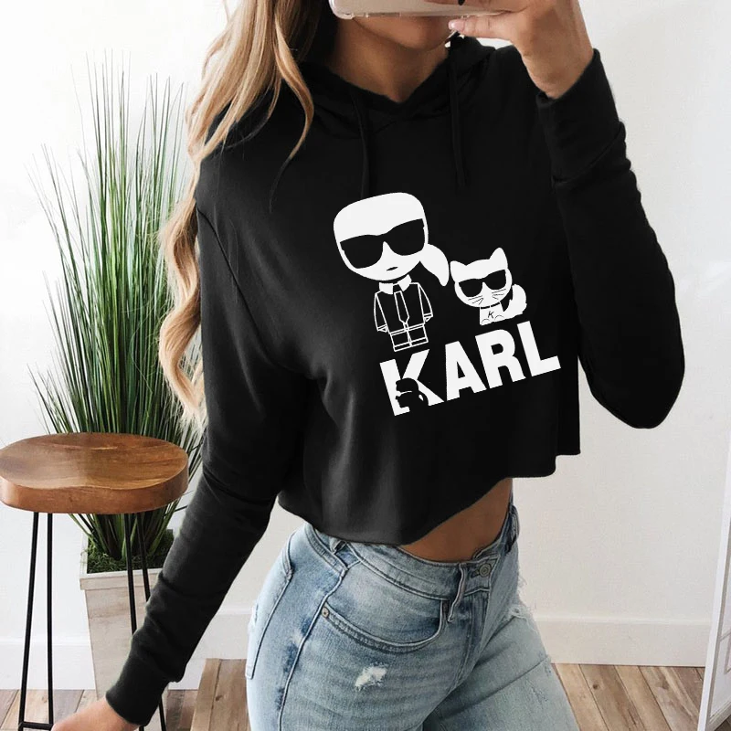 

2019 New Autumn Short Women Fashion Cartoon Animal Sexy Hoodies Sweatshirt Karl Lagerfeld Printed Pullover Tops Women Streetwear Thicken Funny Loose Kawaii Long Sleeve