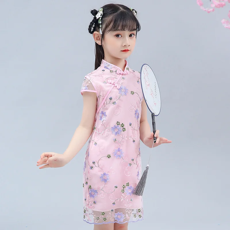 

2023 Baby Girl Qipao Silky Dress Children Chi-Pao Cheongsam Chinese New Year Costume Clothes Dresses Wedding Uniform 4-14