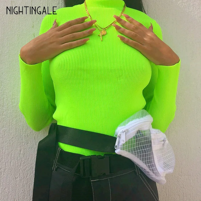 

Women Autumn Turtleneck Basic T Shirt Neon Green Long Sleeve Tee Shirt Harajuku Casual Solid Tees for Female Autumn Tops