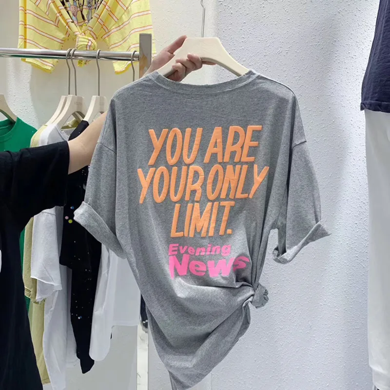 Женская летняя футболка новый 2020 с буквенным принтом О образным вырезом коротким