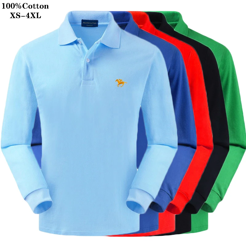 Polo de manga larga para hombre, Polo de algodón puro con logo de pasta de solapa, Top liso de talla grande, moda de otoño