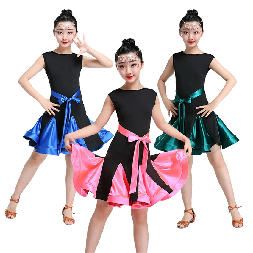 

Kids Dresses for Girls Latin Ballroom Dance Competition Costumes Sleeveless Solid Bow Practice Stage Performance Dress 110-160CM