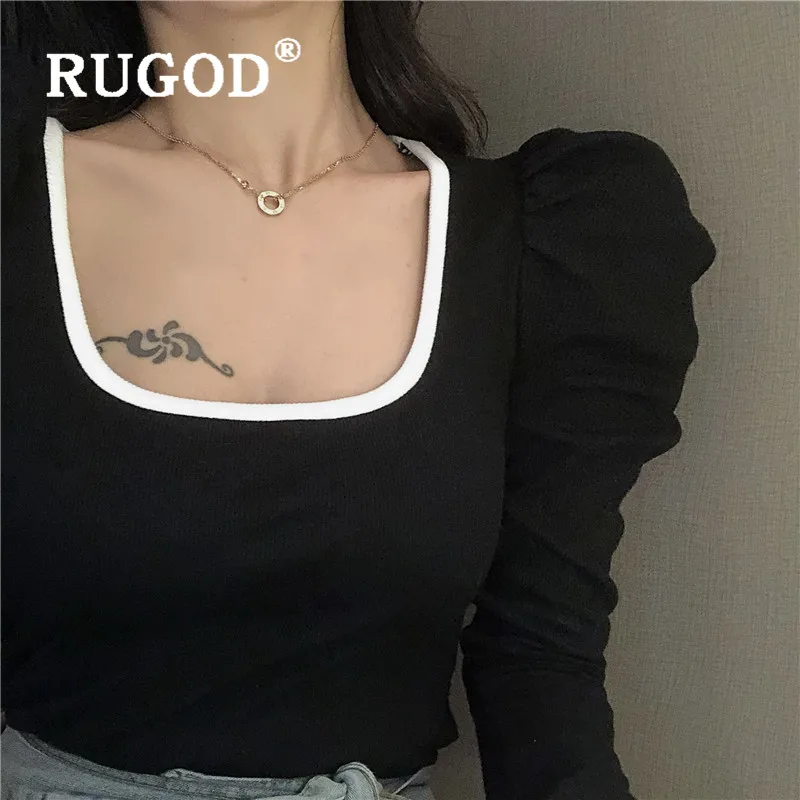 RUGOD, сексуальные женские топы с пышными рукавами, квадратный воротник, однотонный элегантный топ, Женская Корейская одежда, рубашка с длинным рукавом для женщин