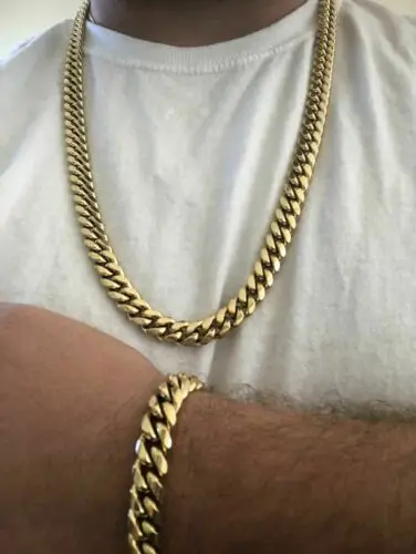 Hip Hop Men's Gold Tone 316L Stainless Steel Curb Cuban Link Chain New Design Buckle Fashion Jewelry Gift Width 14mm