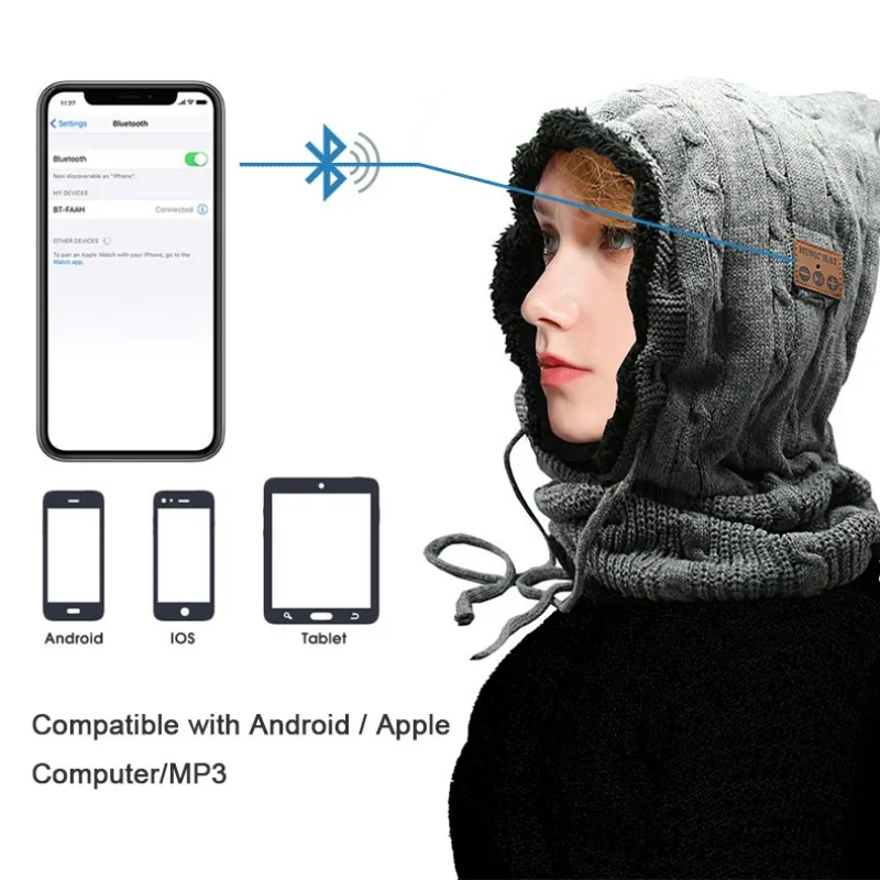 Bluetooth с капюшоном шеи воротник кепки стерео музыка наушники шнурок головы обёрточная бумага крышка теплая Защита уха шляпа шарф для мужчин и женщин