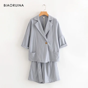 

BIAORUINA Spring Summer Women's New Fashion Comfort One-button Casual Top + Summer All-match Short Two Piece Set for Office Lady