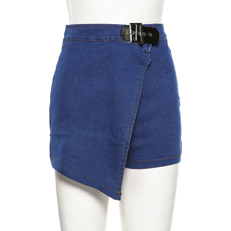 jeans blue Женские уличные модные несимметричные шорты юбки с завышенной талией и поясом джинсовые шорты в стиле пэчворк женские джинсовые мини шорты - Цвет: jeans blue