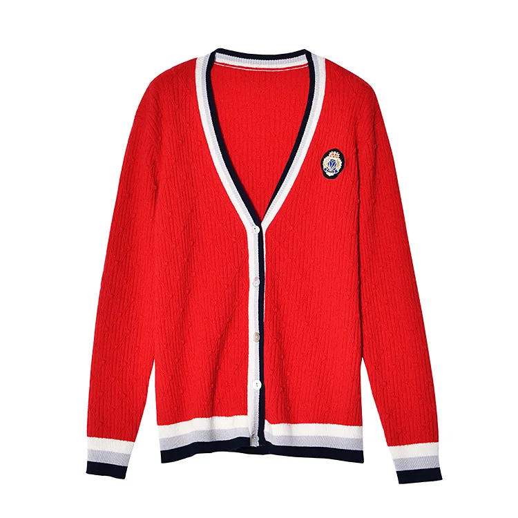 fall Women Autumn Preppy Style Casual Loose Contrast Striped cardigan Wool Knitted Red Sweater jersey mujer sueter damski