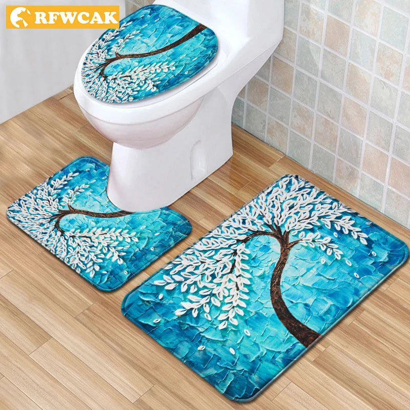 3PCS 3D Print Rug Toilet Lids Covers Non-slip Bathroom Bath Floor Bath Decor Set
