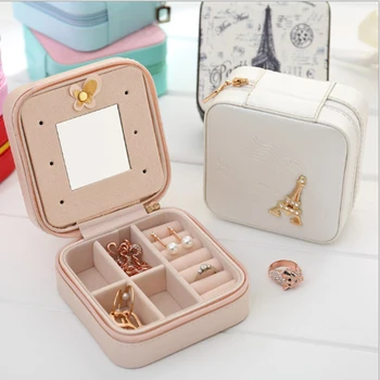 

Mini Travel Portable Jewelry Box With Mirror Cosmetic Makeup Organizer Earrings Casket Three-tier Storage Box Best Gift