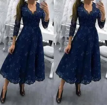

Tea Length 2019 V Neck Plus Size Mother Of The Bride Dresses 3/4 Long Sleeves Evening Dress Applique Lace Formal Wedding Guests