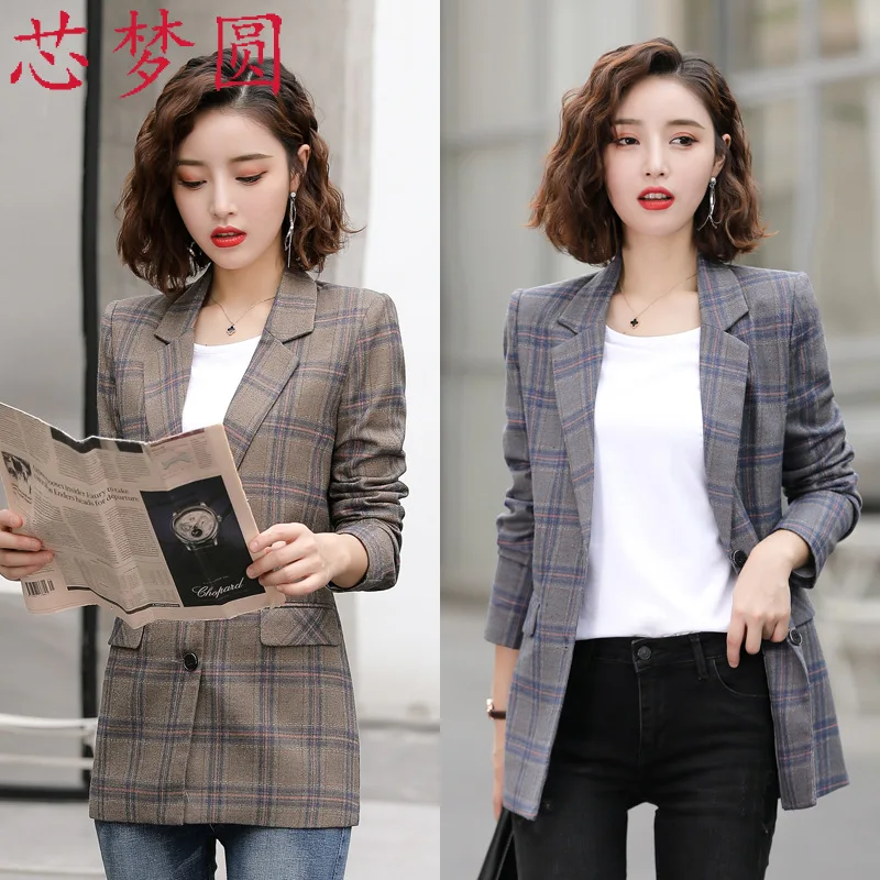 

Autumn And Winter Long Sleeve Wear WOMEN'S Coat Fashion Elegant Able Casual Mid-length Plaid Two-Button Small Suit