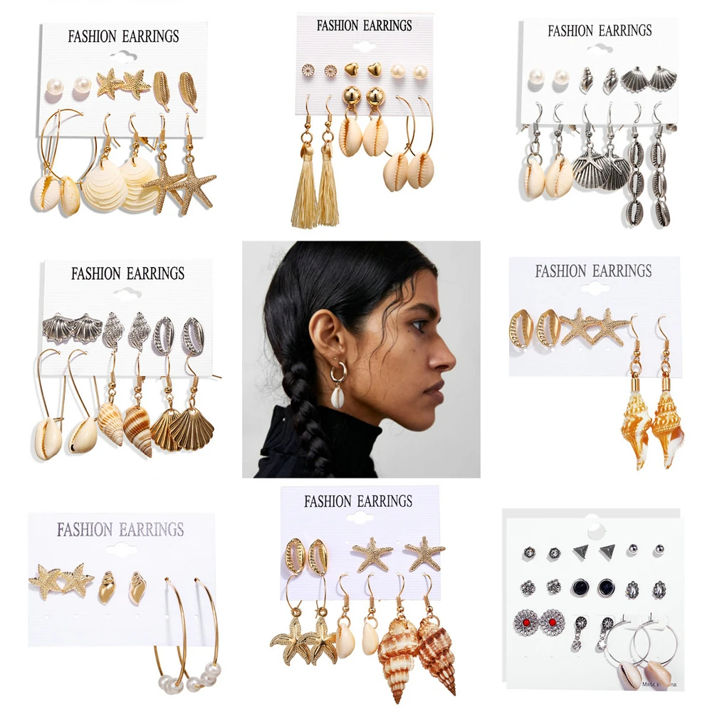 

Shell Starfish Imitation Pearl Earring Sets For Women Bohemia Light Gold Color Drop Earring Fashion Jewelry KAE152 Amazing Price