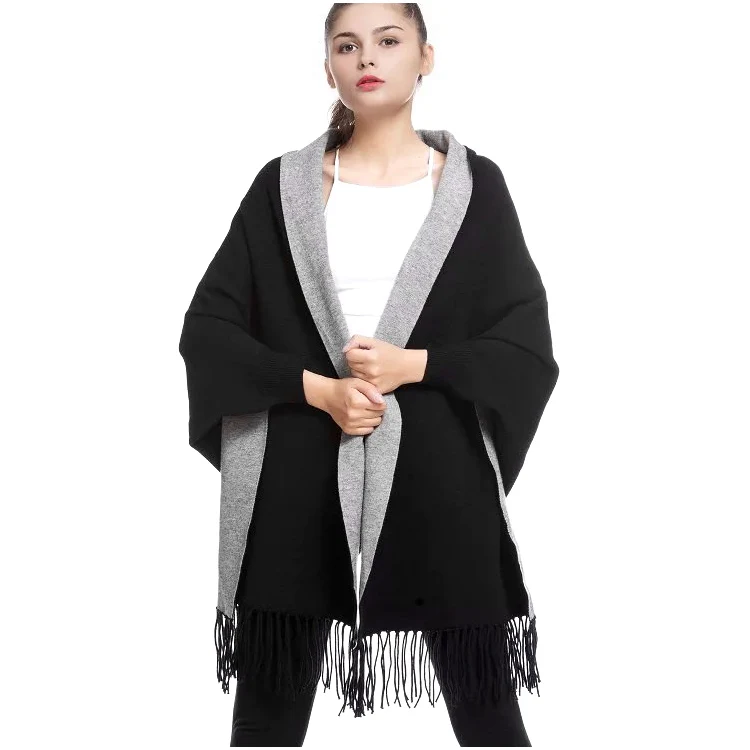 

2019 Autumn Causal Loose Tassel Knitted Cashmere Batwing Fashion New Women Duplex Shawl Cardigan Long Thick Poncho Capes