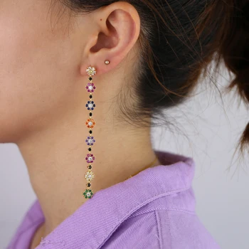 

luxury rainbow colorful cz trendy gorgeous long tassel earring for women jewelry geometric long drop cz flower earrings