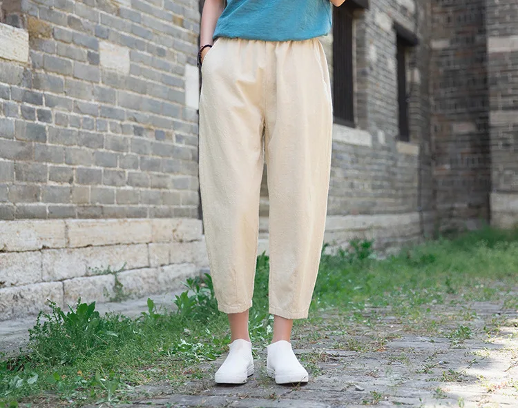 Johnature Loose Comfortable Solid Color Pockets Elastic Waist All-match Calf-length Pants 2020 Autumn New Women Straight Pants