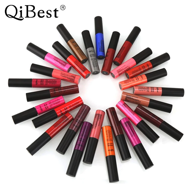 Qibest 33 Colors Lips Beauty Makeup Pigment Waterproof Lipgloss Long Lasting Black Velvet Matte Nude Lipstick Red Lip Gloss Lot