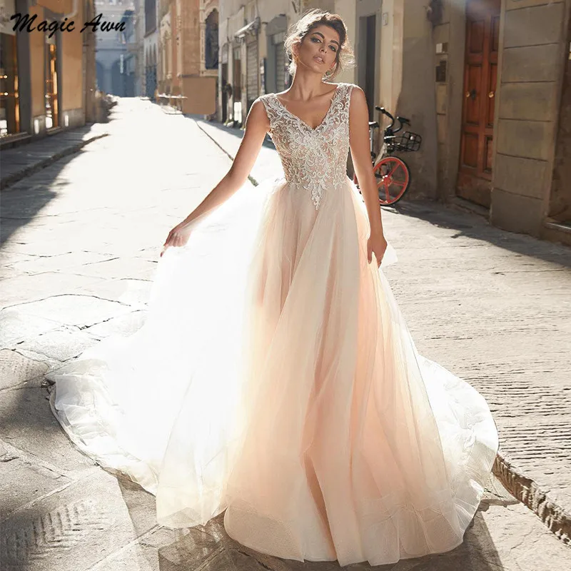 

Magic Awn Light Champagne Lace Tulle Beach Wedding Dresses V-Neck Illusion Boho Wedding Party Dress Lace Up Back A-Line Robes