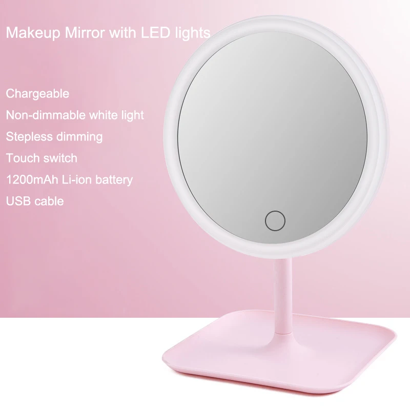 Non dimmable PINK Настольное зеркало для макияжа, светодиодный светильник, зарядка через usb, светильник для макияжа с сенсорным управлением, зеркало для макияжа, светодиодный, зеркало - Цвет: Non dimmable PINK
