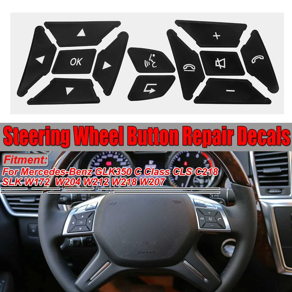 2pcs Carbon Fiber Car Steering Wheel Button Trim Sticker Decal for Mercedes W204 C-Class 07-10 Aramox Steering Wheel Cover Sticker 
