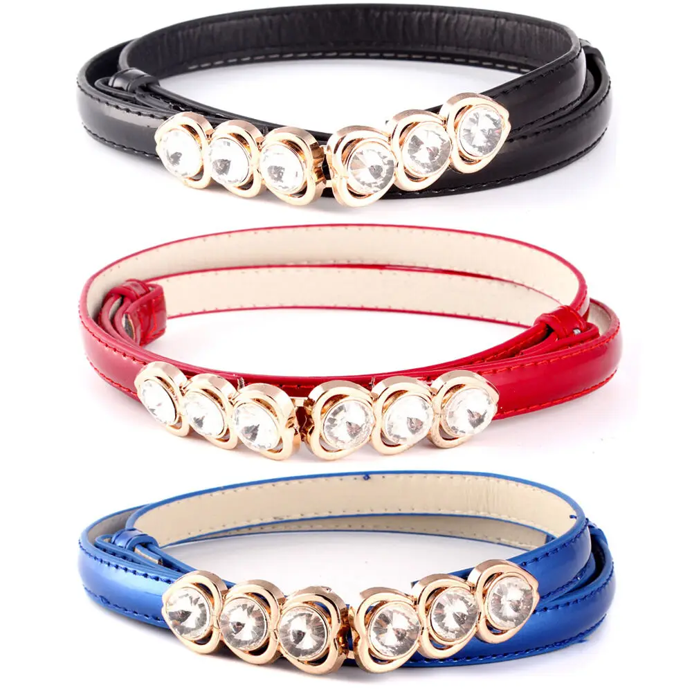 Luxury Women Crystals Buckle Thin Leather Belts Rhinestones Diamante Belt NUBLT0099
