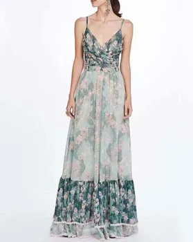 

Sexy shoulder belt V-neck Print Long Dress