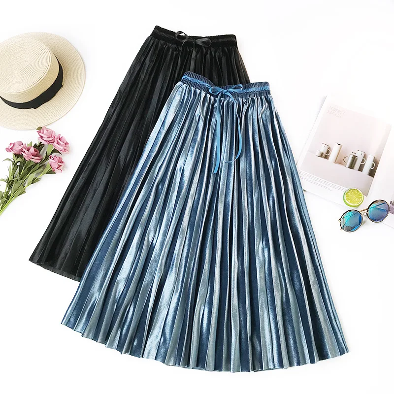 

AcFirst Autumn Winter Blue Pink Silver Women Skirts High Waist Pleated Mid-Calf Skirt Vintage A-Line Long Skirts Sashes