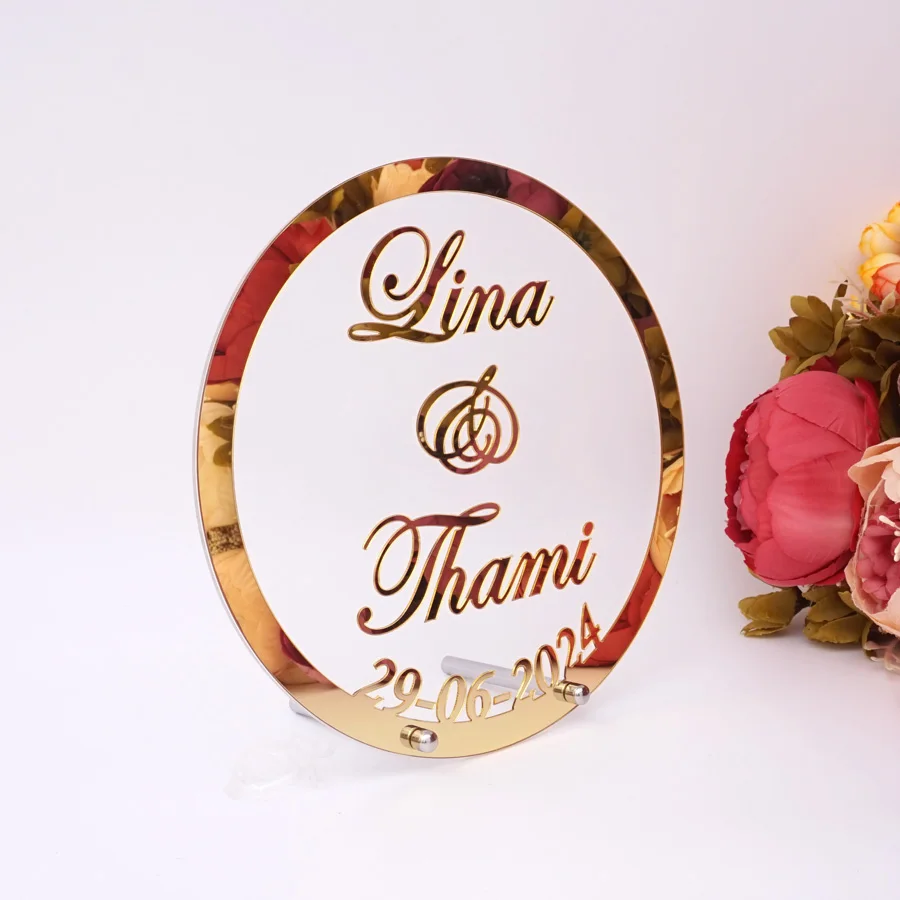 Custom Wedding Name and Date Acrylic Mirror Frame Babyshower Word Sign Circle Shape Party Decor With Nail Guests Favor Gift