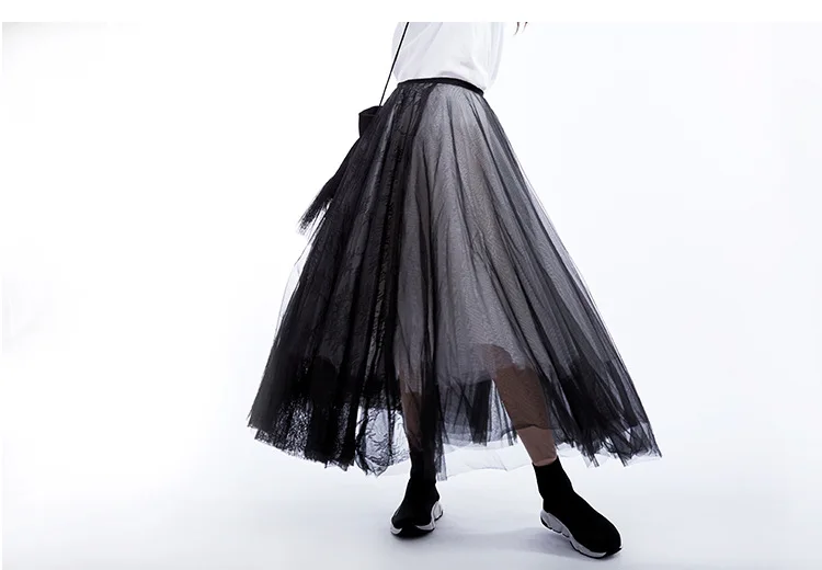 Женская черная юбка, модная, высокая талия, кружевная, прошитая, пять слоев, черная и белая, сетка, макси юбка