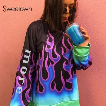 

Sweetown Autumn New Fashion Flaming Fire Print Long Sweatshirt Female Tops Long Sleeve Gothic Pullover Sweatshirts Streetwear