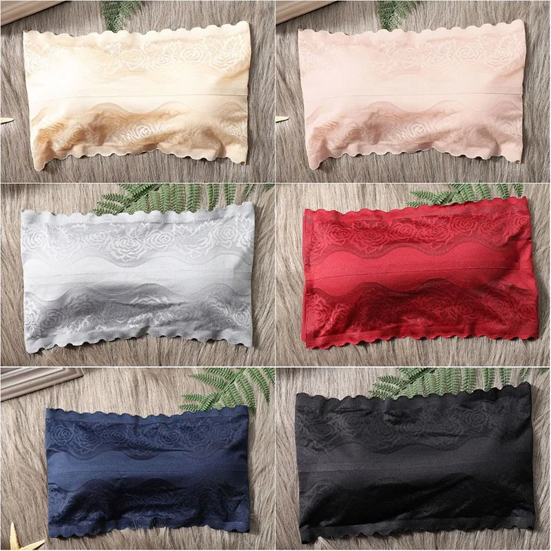 Gathered Non-slip Ice Silk Lace Strapless Wrapped Chest Solid Color Lace Jacquard beauty back Tube Top