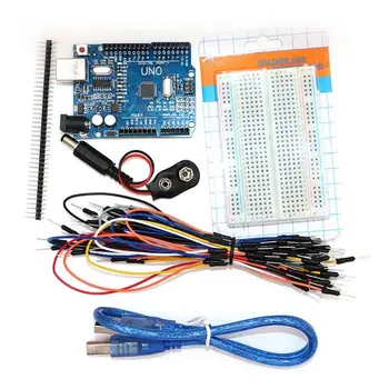 

Starter Kit for Uno R3 - Bundle of 5 Items: Uno R3, Breadboard, Jumper Wires, USB Cable and 9V Battery Connector