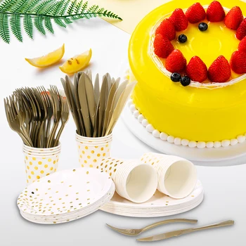 

New 24pcs/set Disposable Party Tableware Disposable Paper Plates Cups Napkins Forks & Knives for Wedding Birthday Party Supplies