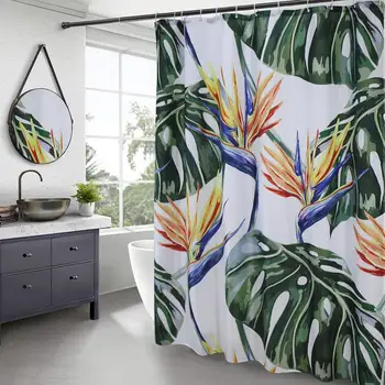 

Banana Leaves Shower Curtain, Rainforest Fabric Bathroom Curtain with Hooks, Heavy Duty, Weighted Hem, Waterproof, White