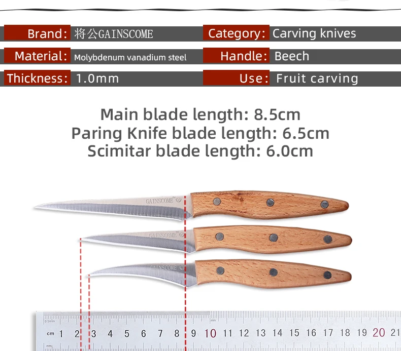 GAINSCOME Kitchen Carving Knives 3 PCS Set Professional Chef Sharp Well Food Fruit Platter Beech Wood Handle Paring Main Knife fiskars knife block