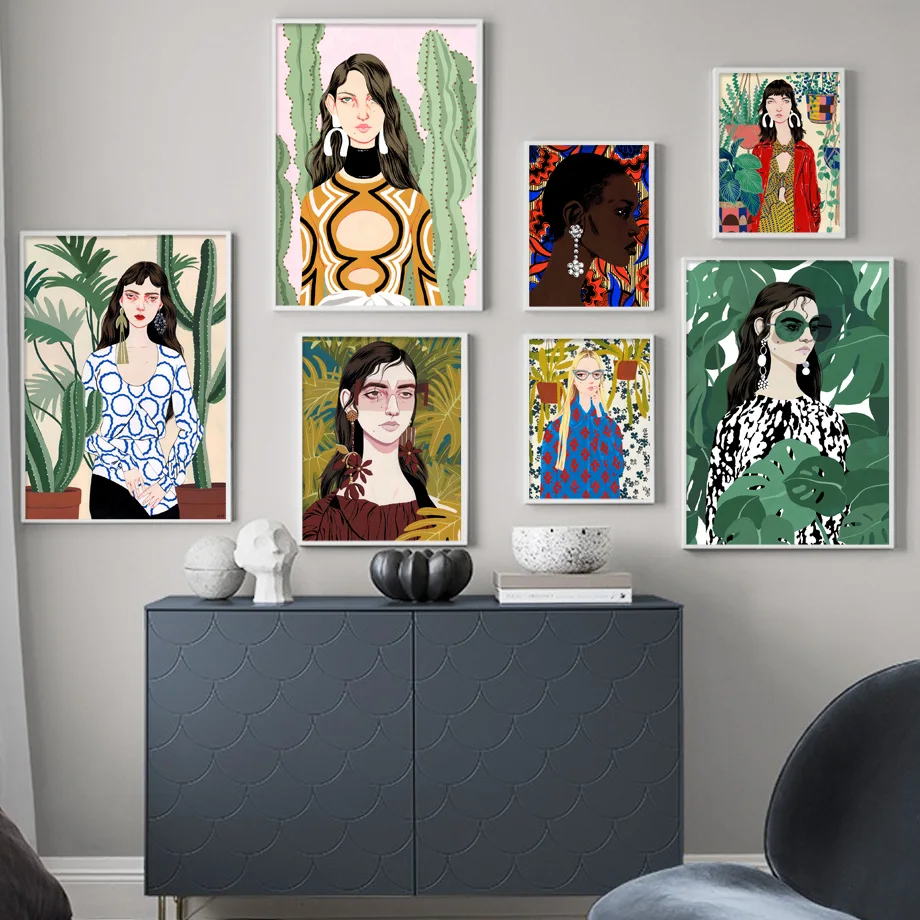 

Girl Fashion Glasses Earrings Plant Wall Art Canvas Painting Nordic Poster Art Prints Wall Pictures For Living Room Unframed