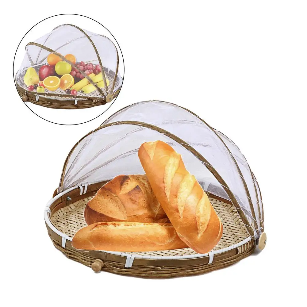 

Круглая бамбуковая Подающая палатка для еды ручной работы, корзина для хранения фруктов и хлеба, Сетчатый Контейнер для хранения с марлевой крышкой