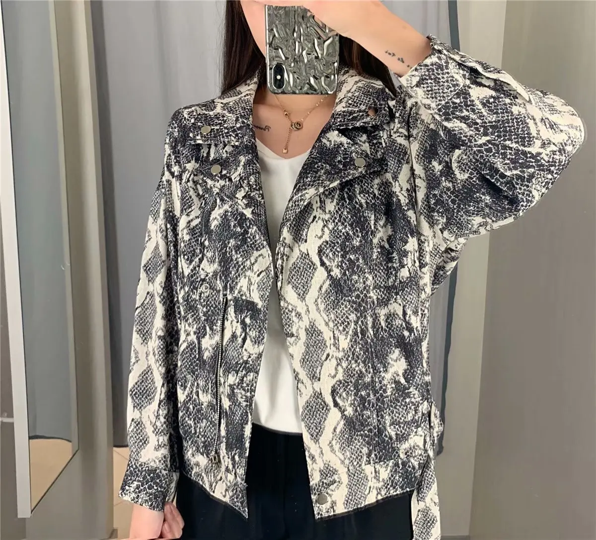 

F6124-Western Style WOMEN'S Dress 2019 Spring And Autumn New Style Suit Collar Snakeskin Printed Jacket Women's