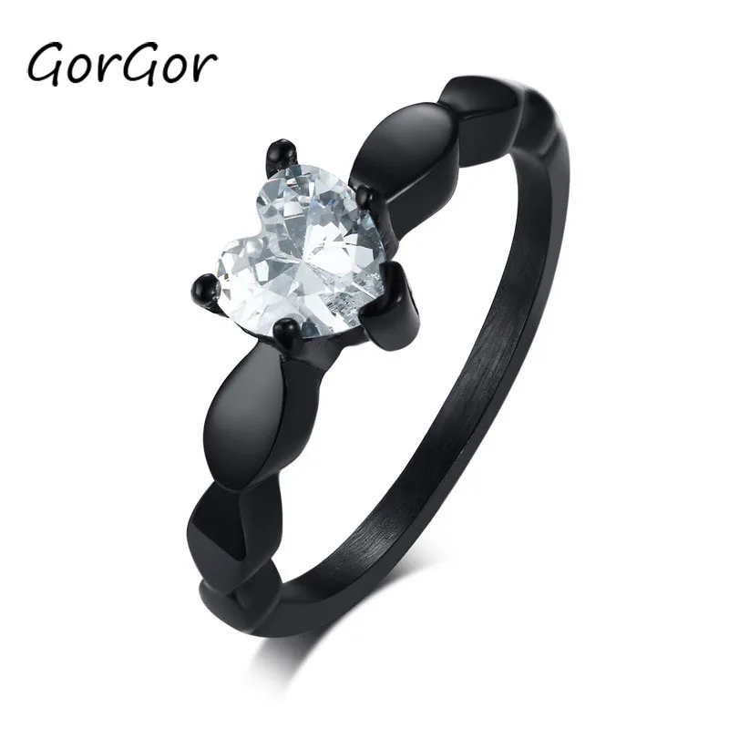 GorGor Rings Women Stainless Steel Black Pattern Heart-shaped Mosaic Zircon Individuality Simplicity Fashion Accessories RC-414B | Украшения