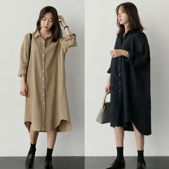 

Hot Women Solid Color Long Sleeve Turndown Collar Button Down Oversized Maxi Blouse