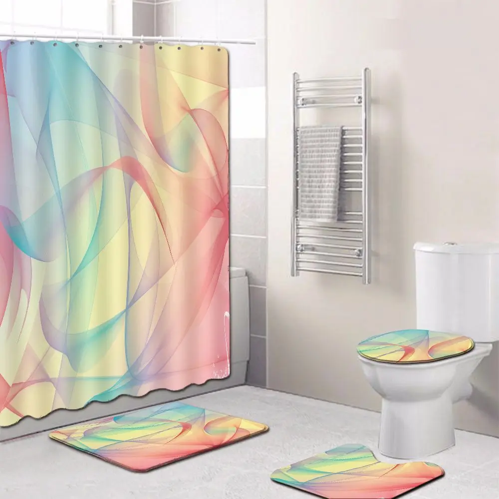 

Colorful Polyester Shower Curtain Bathroom Waterproof with Hooks Pedestal Rug Lid Toilet Cover Anti-slip Bath Mat Home Decor