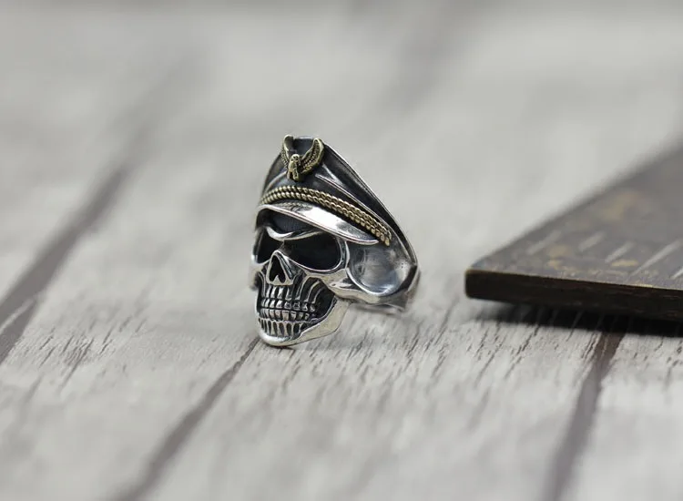 

S925 Fine Silver Cool World War II Skeleton Officers Ring Fashion Man Punk Style Men Adjustable Retro Thai Silver Rings
