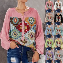 

Plus size women's blouse 2022 spring and summer women's round neck shirt button retro printing long-sleeved women's shirt
