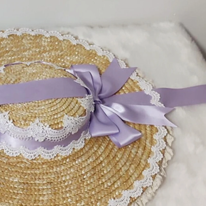 Japanese Lolita Straw Sun Hat Lace Patchwork Ribbon Bandage Bowknot Wide Brim Beach Flat Hat